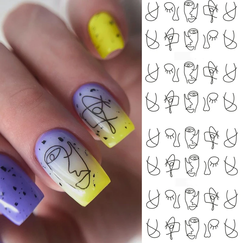 

3pcs Abstract Image Nail Water Decals Cartoon Animal Transfer Stickers Abstract Geometry Linear Nail Slider Sticker Decoration