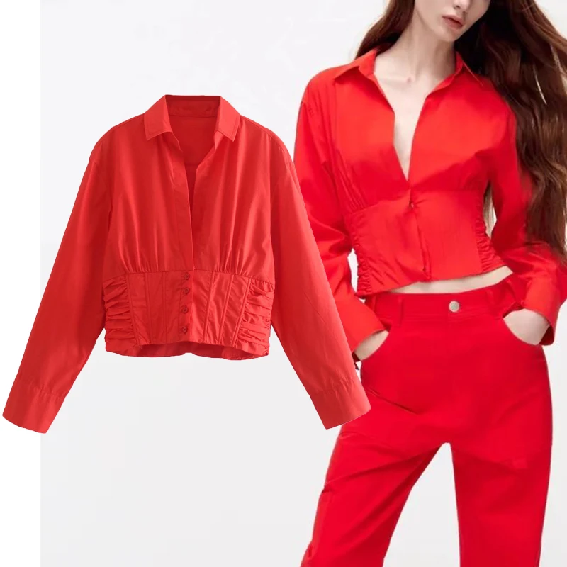 

ZA Spring Autumn Women Poplin Solid Blouse 2021 Turn Down Collar Single Breasted Casual Top Long Sleeve Female Loose Shirt