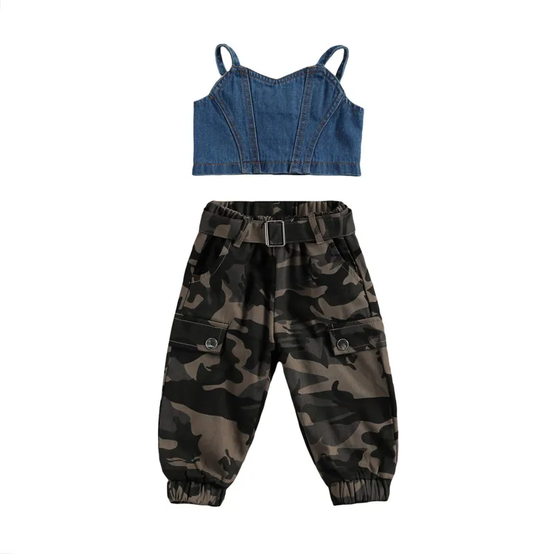 

1-6Y Baby Girl Summer Clothing Sets Fashion Button Down Denim Crop Tank Tops + Camouflage Pants Kids Girls Clothes