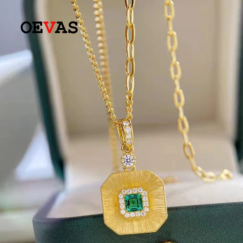 

OEVAS 100% 925 Sterling Silver Lab Grown Emerald 18K Gold Plated Gemstone Pendant Necklace For Women Sparkling Fine Jewelry Gift