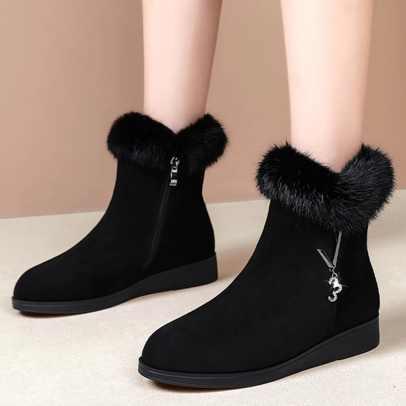 

Rimocy Faux Fur Thick Plush Warm Ankle Boots for Women 2021 New Crystal Chain Wedges Snow Boots Woman Comfortable Low Heel Botas