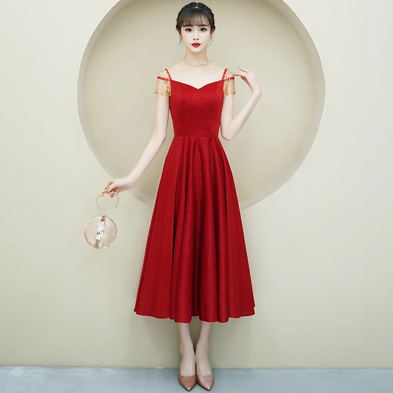 

2021 Summer Hot Style-Wine Red Toast/Thank You Banquet/Engagement Skirt-Sexy Neckline-None Sleeve
