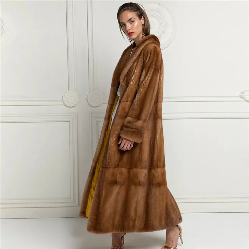 BFFUR Winter Luxury Real Mink Fur Coats Women 120cm Long Whole Skin Natural Mink Fur Jacket Genuine With Lapel Collar Fur Coat