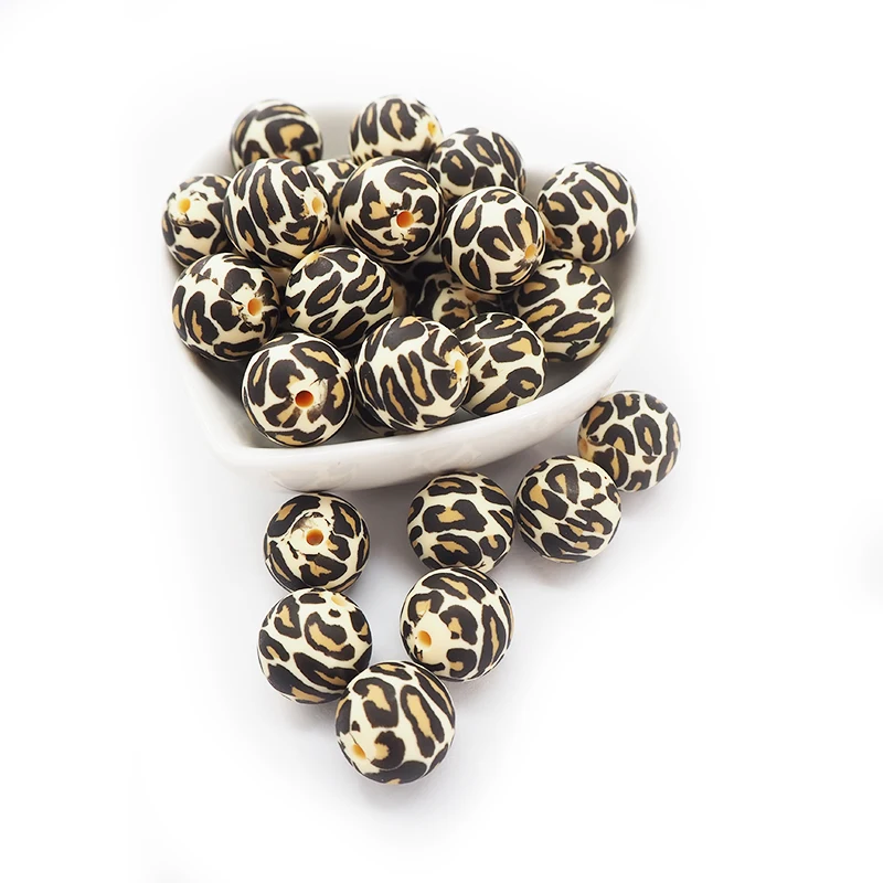 Chenkai-Cuentas de silicona con estampado de leopardo para beb&eacute;, abalorios de forma redonda para dentici&oacute;n, sin BPA, accesorios sensoriales para juguete de mascar, 15MM, 10 Uds.-0
