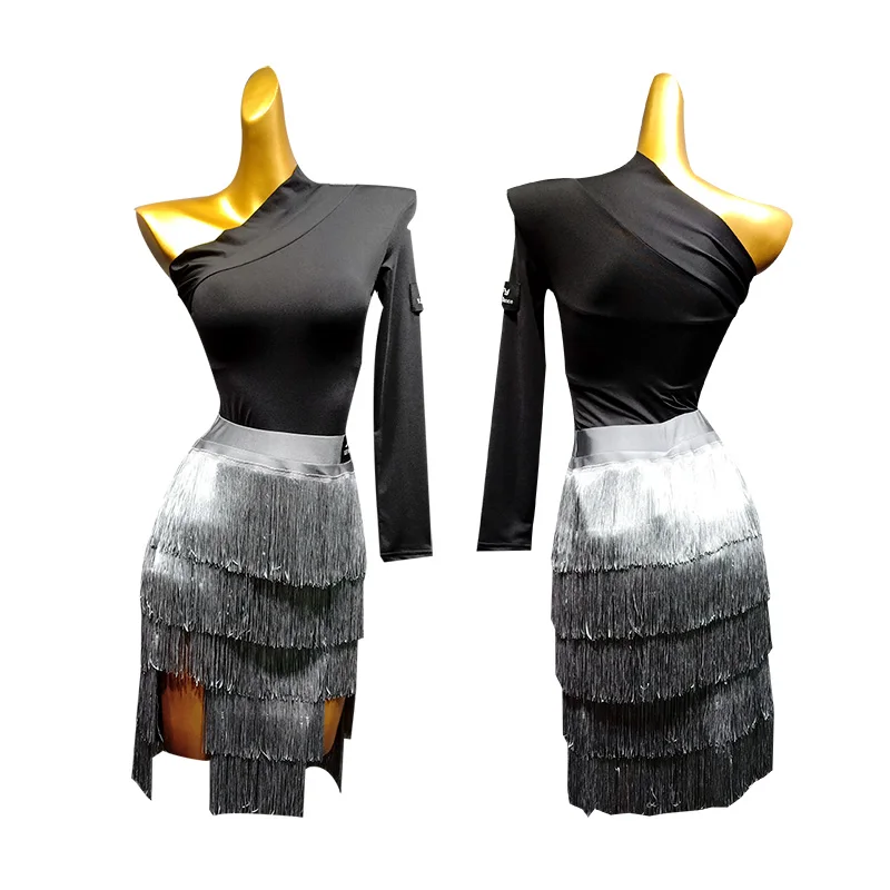 Топы для латиноамериканских танцев женский осенний Черный трико с одним длинным