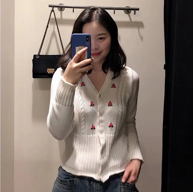 ElfStyle женский шерстяной вязаный свитер с V-образным вырезом кардиган вышивкой