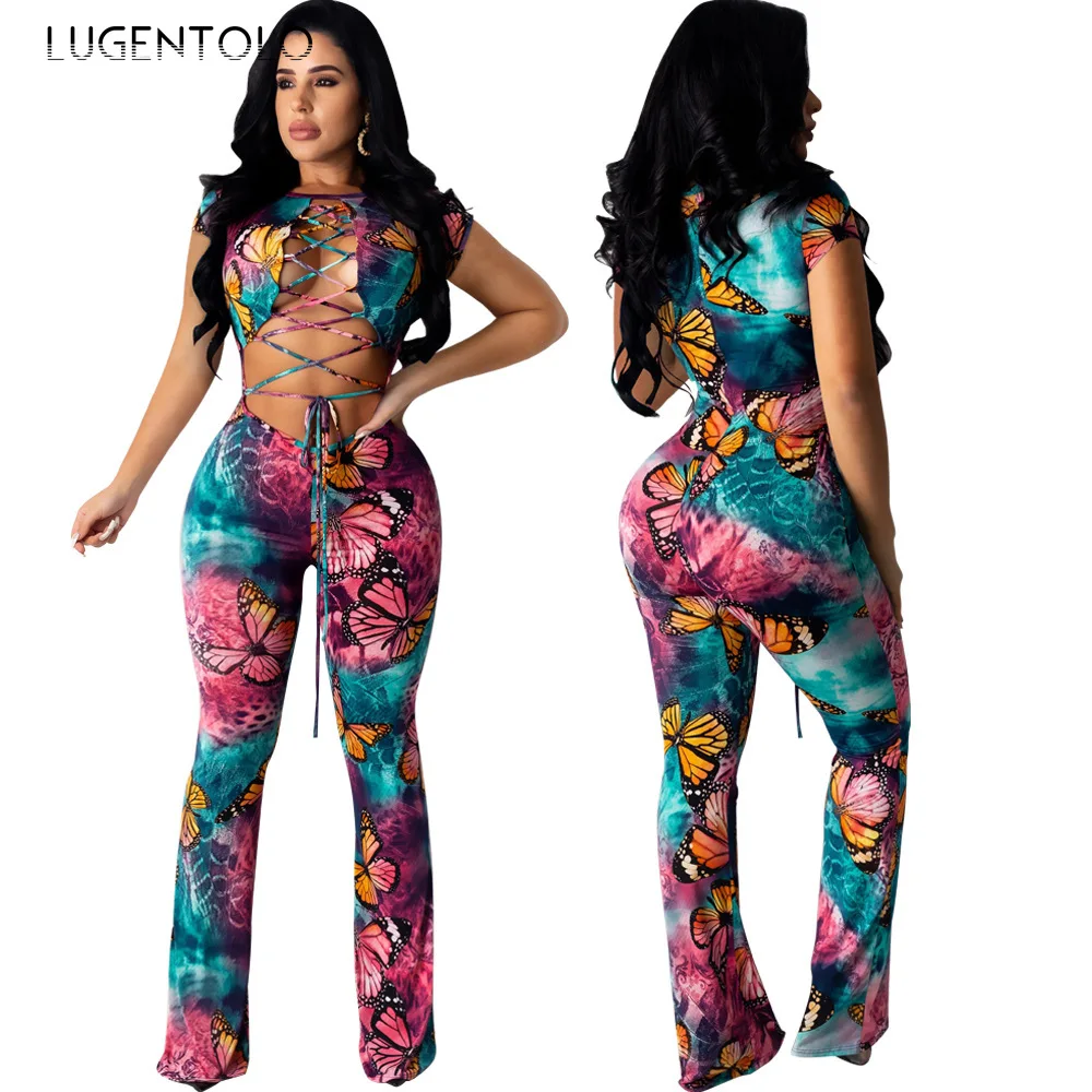 

Lugentolo Summer Women Jumpsuit Sexy Sleeveless Strap Bandage Butterfly Print Exposed Belly Nightclub Lady Tight Jumpsuits