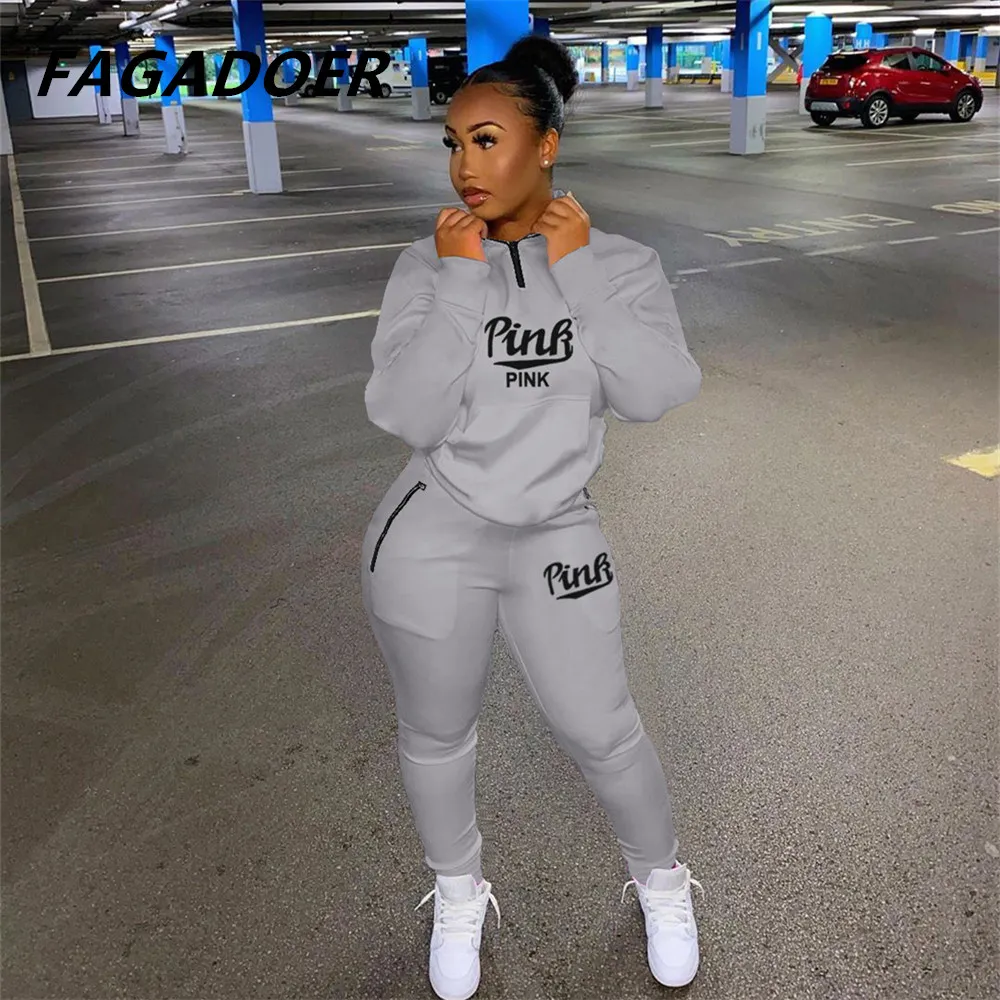 fall winter tracksuits two piece set pink letter print solid casual outfits zip sweatshirt pockets pants set women sweat suit free global shipping