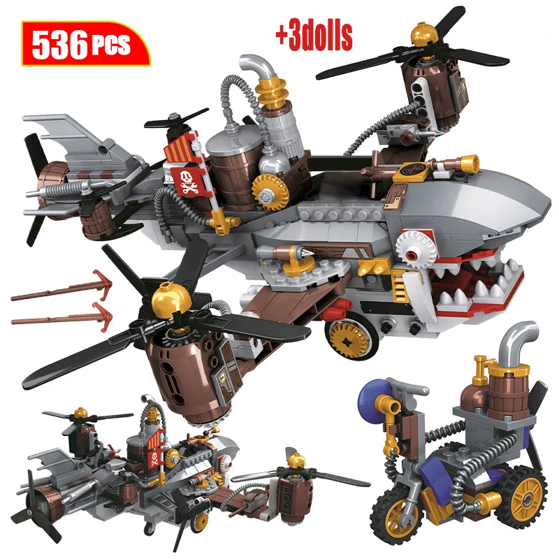 

City Age Of Steam Series Shark Airship Building Blocks Military Helicopter Figures Bricks Toys for Children Gift