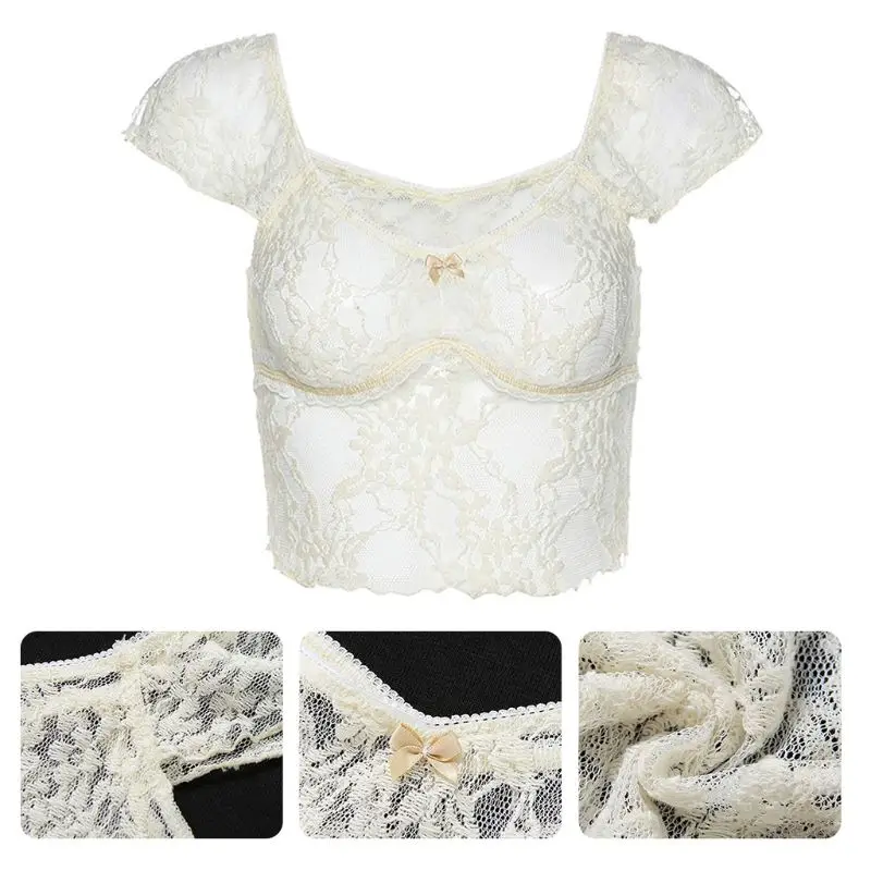 Женский цветочный кружевной топ с коротким рукавом сексуальные сетчатые