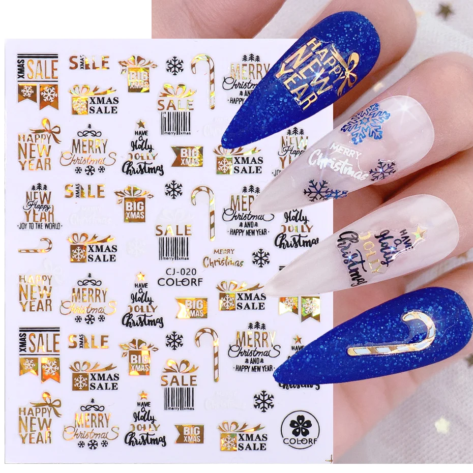 

3D Рождественские буквы наклейки для ногтей голографические золотые блестящие снежинки снежные зимние наклейки для ногтей слайдеры украше...
