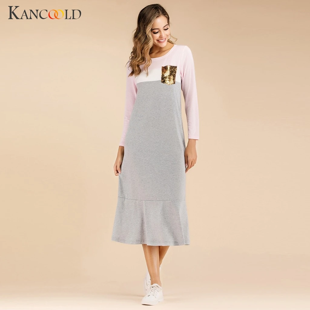 KANCOOLD модное женское платье для отдыха с пайетками и карманами Свободное длинное