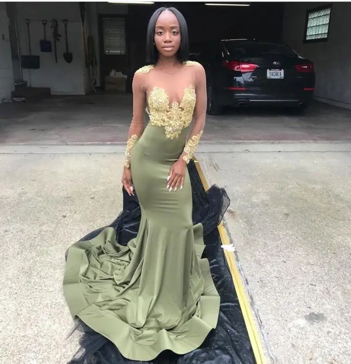

Sexy Illusion Long Sleeve Mermaid Evening Dresses With Gold Appliques Lace Plus Size African Black Girls Prom Party Gown