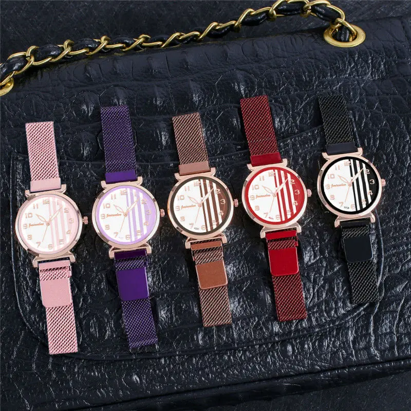 

Fashion Stripes Magnet Clasp Women Watch Steel Mesh Band Ladies Quartz Wristwatches Clock Relogio Feminino