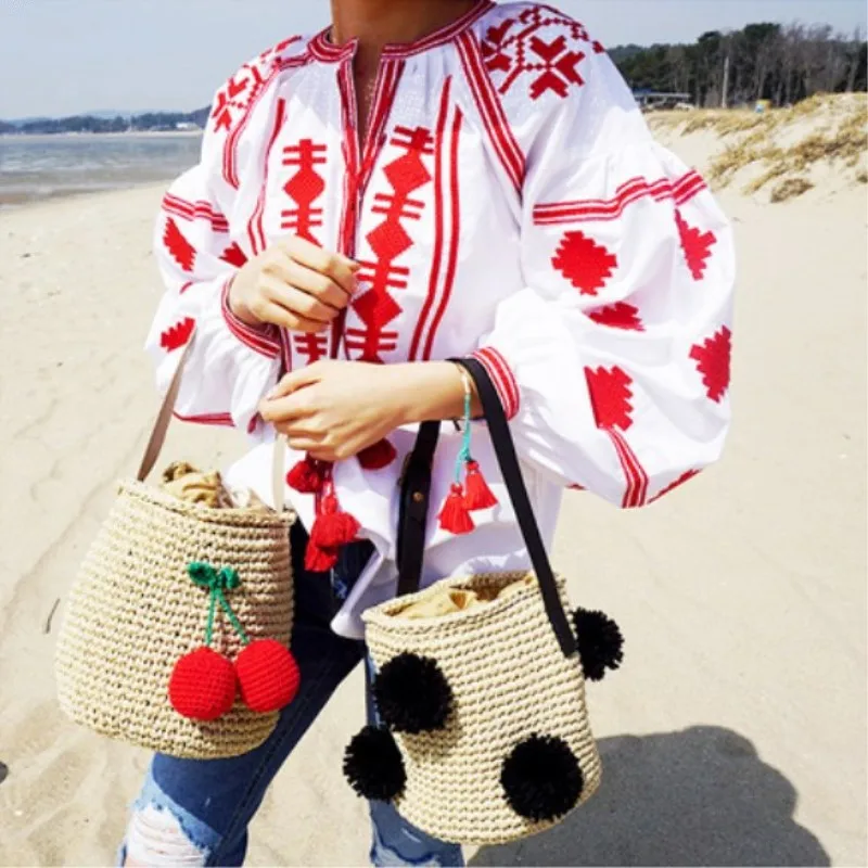 Женская Соломенная Сумка-ведро ручной работы красная сумка через плечо в виде