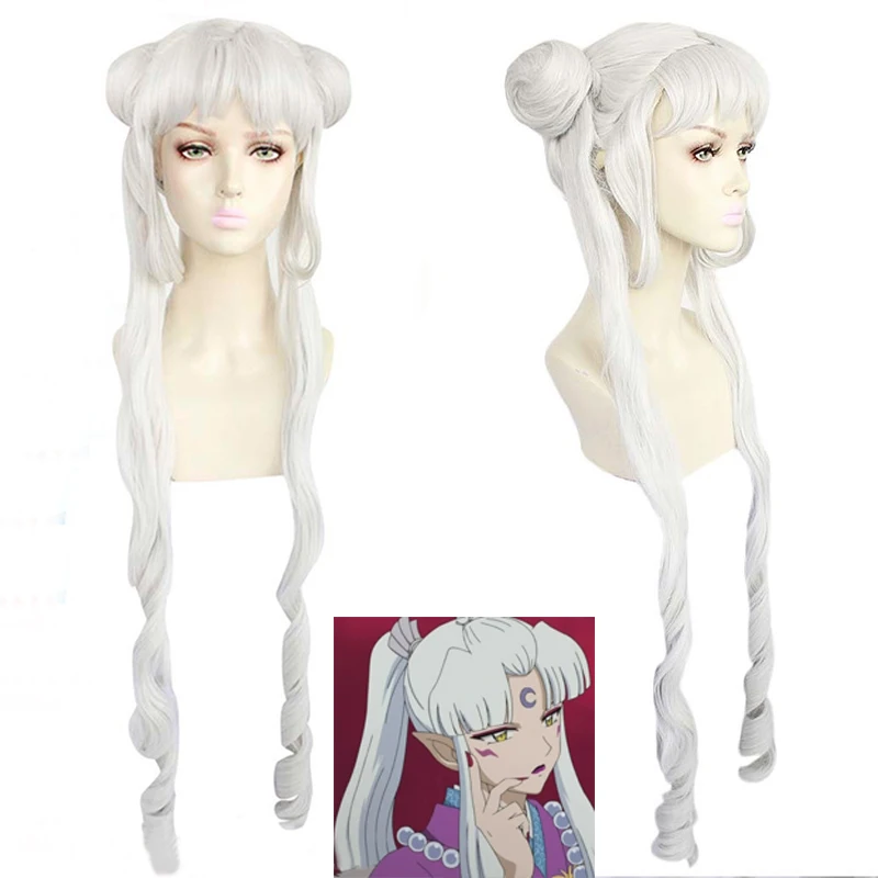 Inuyasha Sesshomaru Mother Cosplay Wig 100cm Long Straight Silvery White With Bungs Heat Resistant Hair Wig + a wig cap