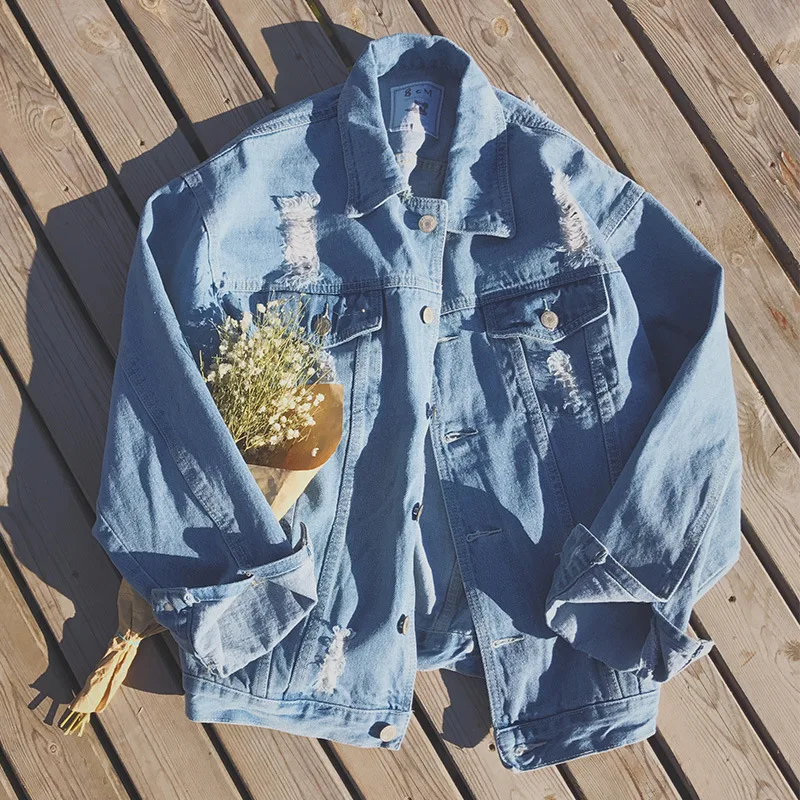 

Spring Men's Denim Jacket Casual Fashion Washable Lapel Single Breasted Button Ripped Loose Trend Quality Young Man Coat