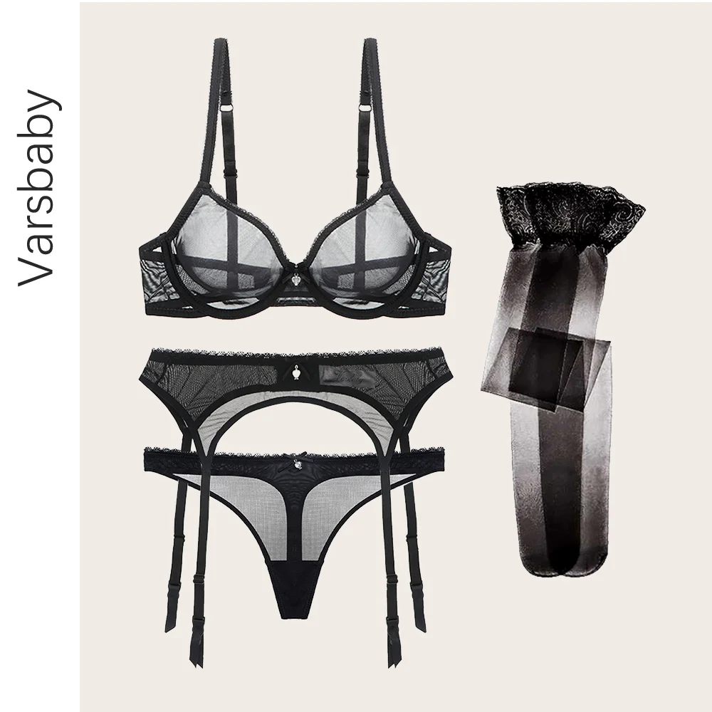 Комплект нижнего белья из 4 предметов бюстгальтеры + подвязки стринги чулки |