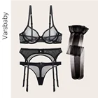 Комплект нижнего белья из 4 предметов, бюстгальтеры + подвязки + стринги + чулки