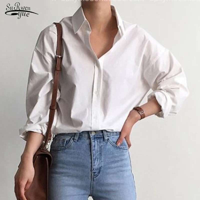 

Повседневные Простые облегающие Деловые женские топы для офиса, осенняя Корейская Хлопковая женская блузка с длинным рукавом, винтажная фо...