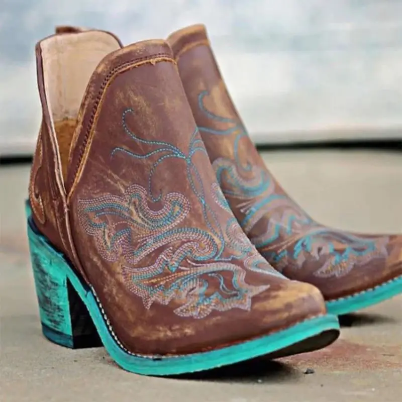

Cowboy Boots Women Ankle High Shoes Thick Heel Embriodery Pointed Toe Cowboy Ankle Bootos Shoes 2021 Autumn Female Casual Shoes