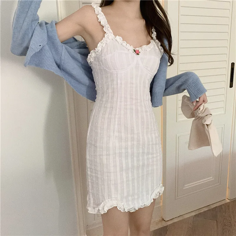

Women White Strappy Dress Swiss Dot Cotton Floral Embroidery Sexy Dress Bodycon Sweet Princess Ruffle Cotton Dress