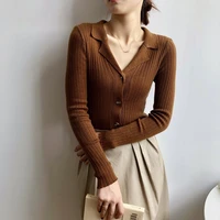 luxury 2021 autumn solid suit collar long sleeved bottoming shirt slimming knit sweater cardigan women fall 2021 women clothing