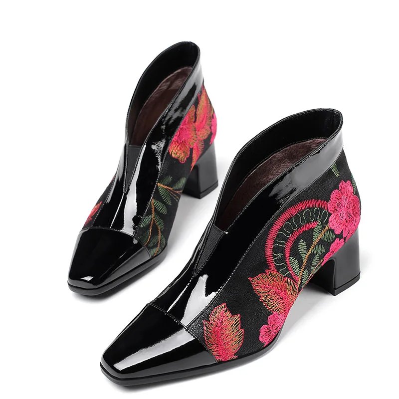 Женские ботильоны с цветочной вышивкой Phoentin зимние кожаные ботинки без застежек