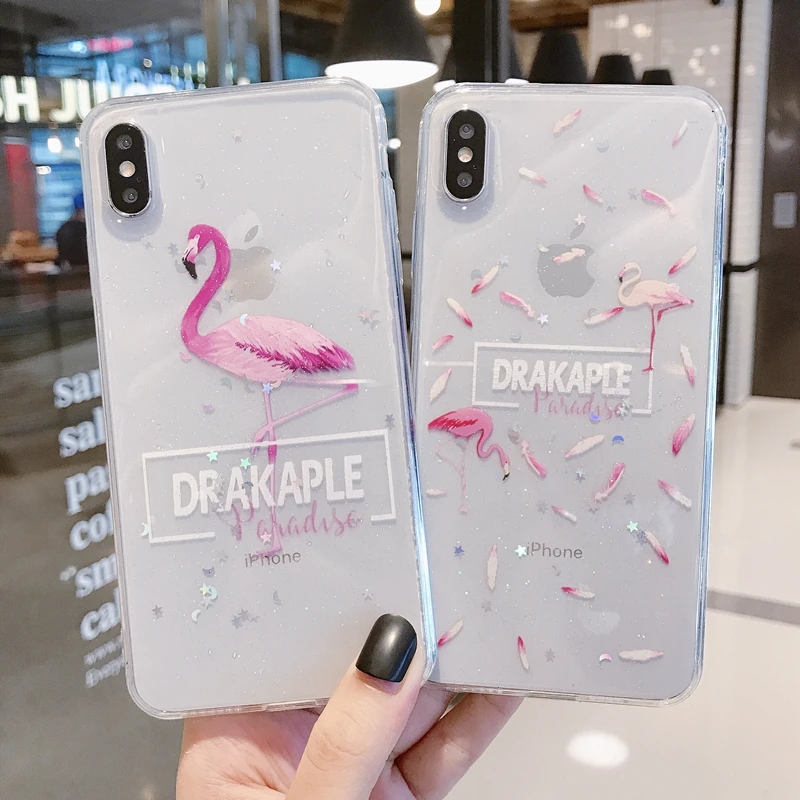 Для iPhone 6 6s 7 8 Plus 10 X XS XR Max Фламинго Блестящий Мягкий силиконовый прозрачный чехол