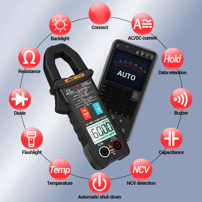 Цифровой мультиметр-зажим ST207 совместимый с Bluetooth 6000 отсчетов True RMS тестер