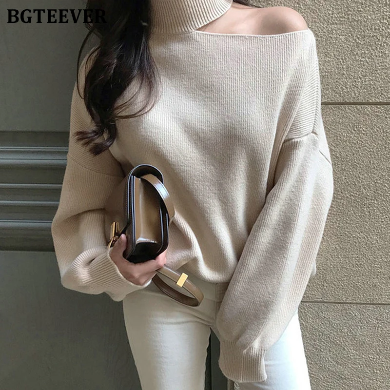 BGTEEVER Turtleneck Cold-shoulder Loose Women Knitted Pullover Winter Casual Solid Female Sweater Jumpers Femme Knit Tops 2020 | Женская