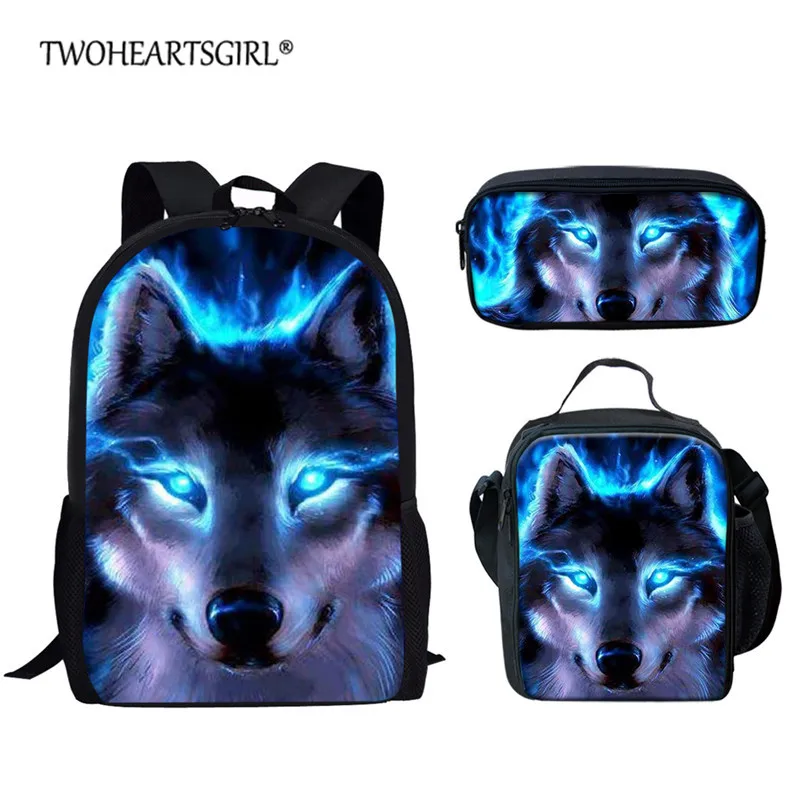 Twoheartsgirl Blue Wolf Printed 3Pcs/Set Bookbags and Lunch Box Pencil Case for Teenager Boys Schoolbags Cool Children Book Bags