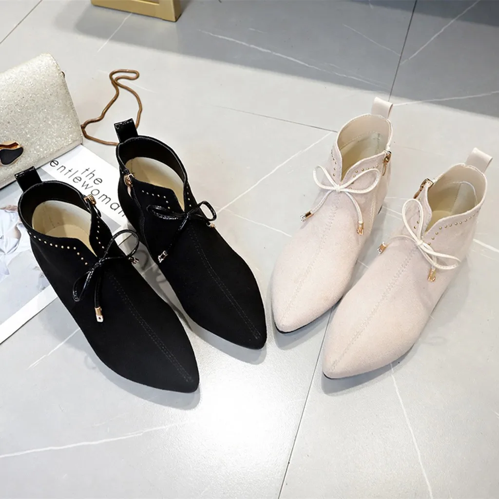 Женские зимние теплые ботильоны на молнии с острым носком ботинки заклепками из