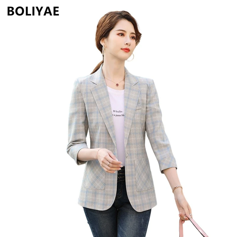 Boliyae 2021 Spring and Autumn Fashion Business Plaid Suits Women Office Blazer Ladies Casual  Tops Za Temperament Jacket Veste