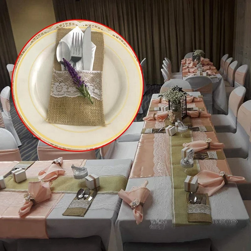 

75Pcs Burlap Lace Cutlery Pouch Rustic Wedding Tableware Knife Fork Holder Bag Hessian Jute Table Decoration Accessories
