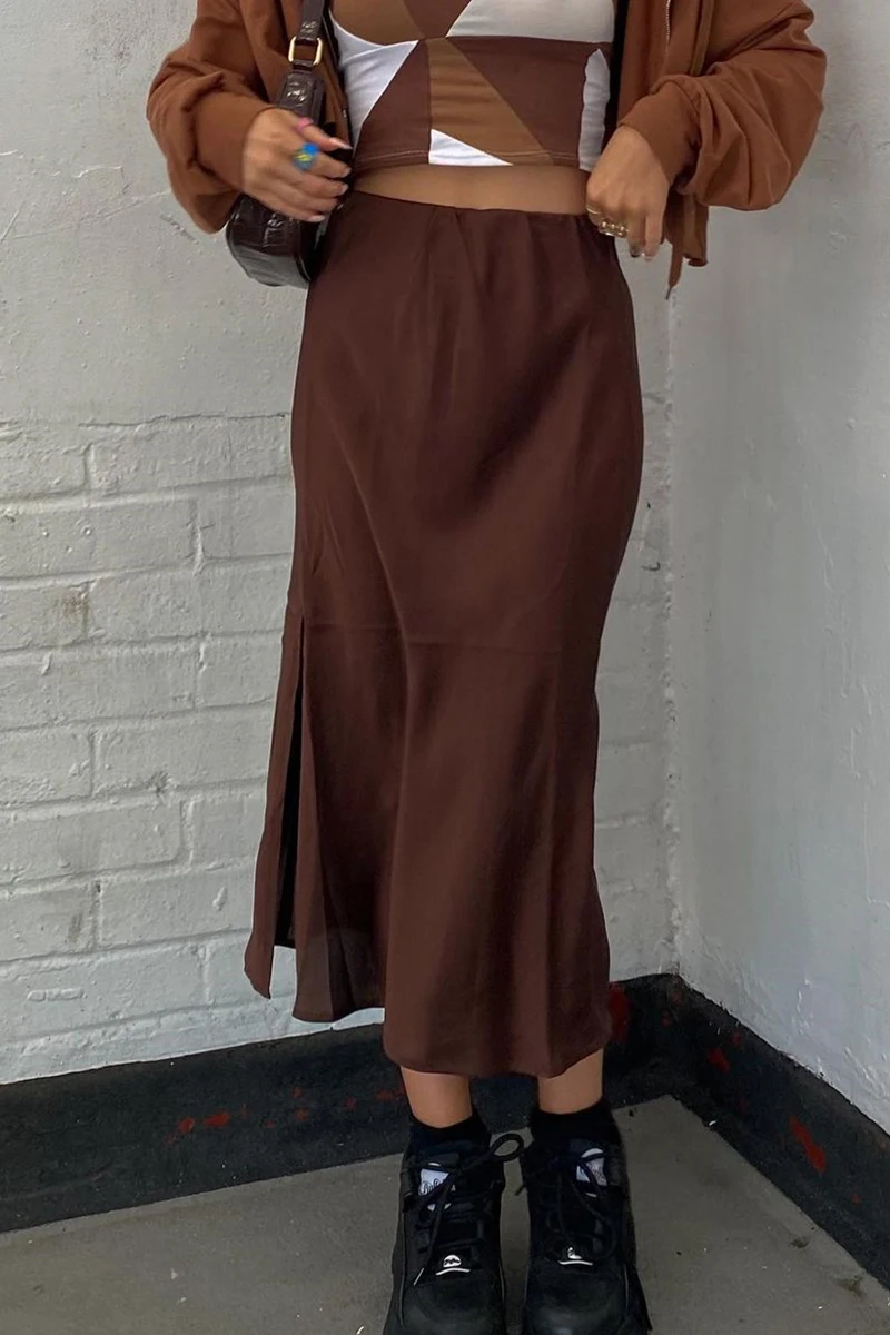 

Women's Solid Color Long Skirt, Loose Leisure Splitting Hem Trendy Dress for Female