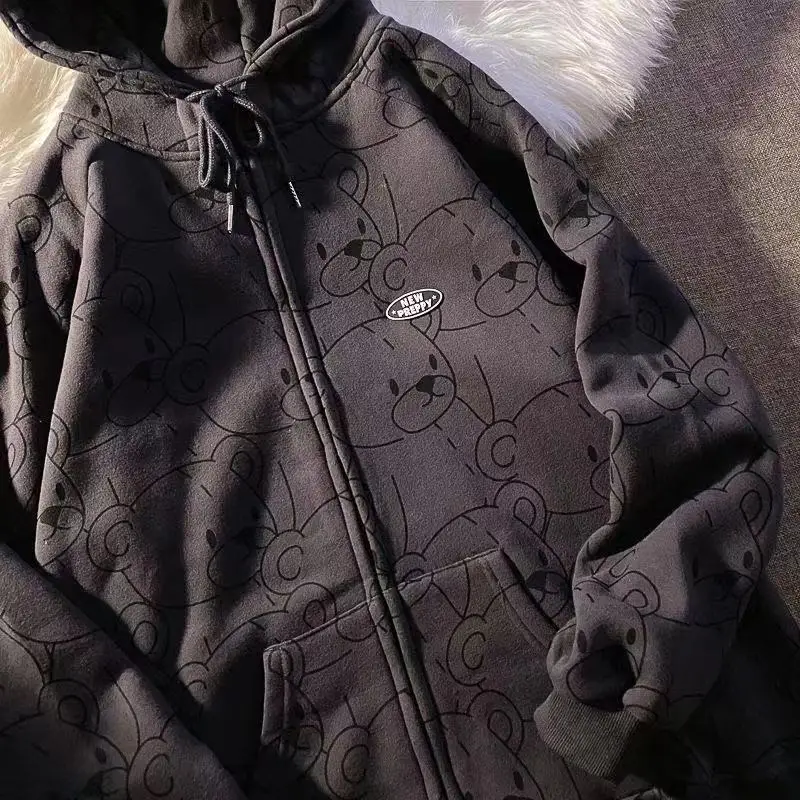 

12345-Lillte Bear Cartoon Vintage Spring and Summer Sweatshirt Women Korean Zip Up Hoodie Women Fashion Clothe Hoodies
