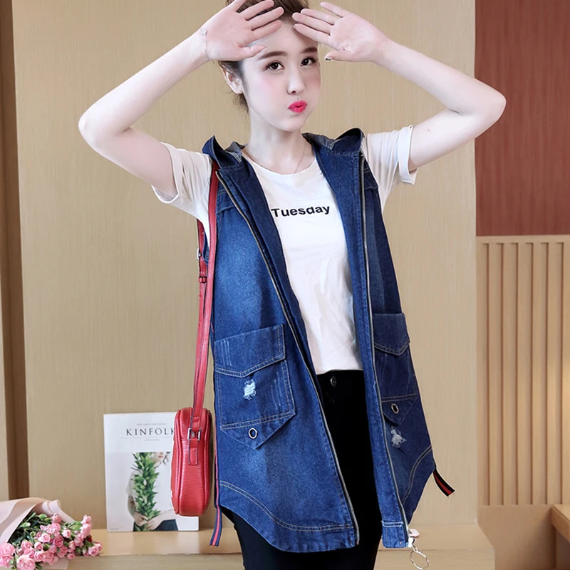 Женский джинсовый жилет с дырками Повседневная джинсовая куртка без рукавов