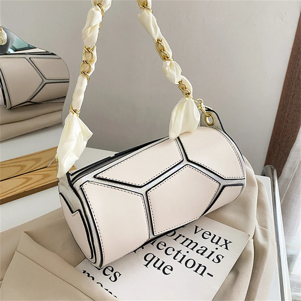 

Fashion Stitching Shoulder Bag Summer New Cylindrical Crossbody Bag High Quality Ribbon Chain Handbags Women Leather Purse