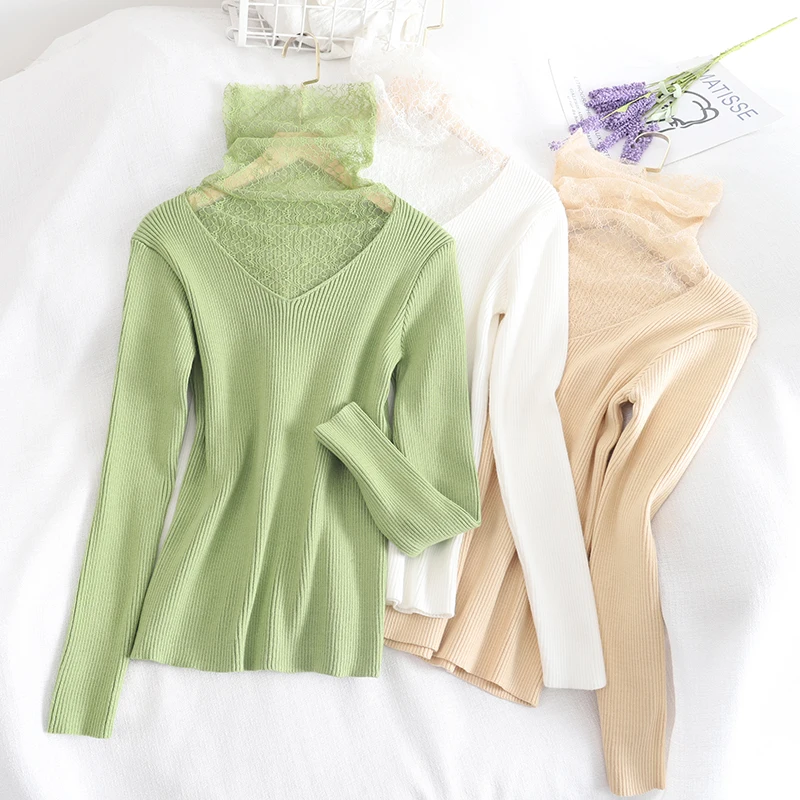 Шикарные женские свитера с кружевным воротником облегающие Женские трикотажные