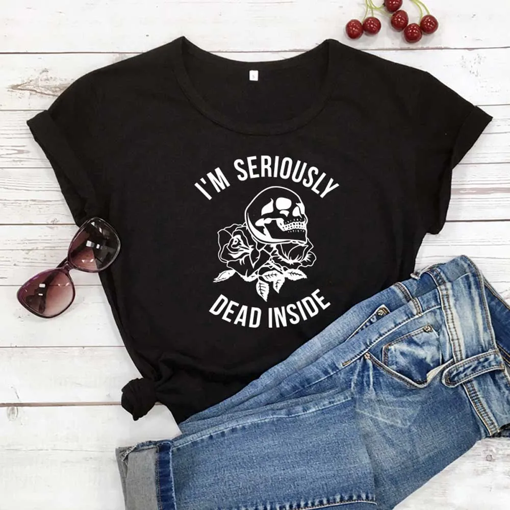 black-white text Футболка с принтом «I'M Dead Inside Skull»; Летняя Повседневная футболка с короткими рукавами и принтом в виде черепа; стильная футболка в стиле Харадзюку С гранж; модные топы; Camisetas - Цвет: black-white text