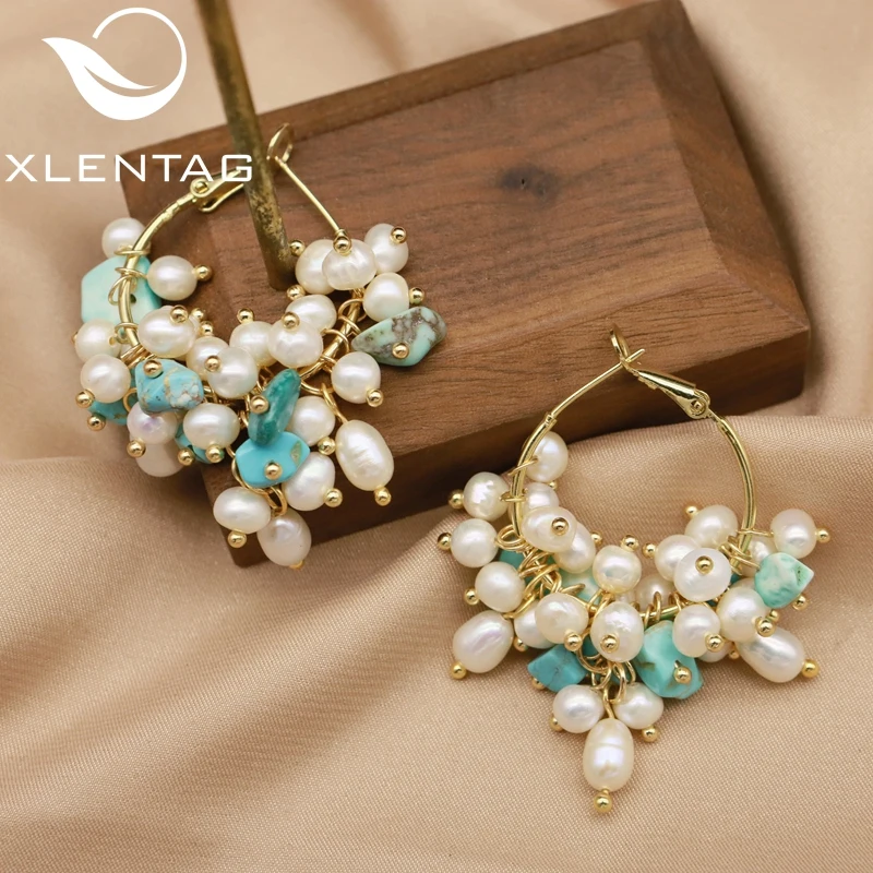 

Xlentag Handmade Natural Freshwater Pearl Turquoise Hoop Earrings For Women Birthday Party Luxury Retro Gift Jewelry GN0992A