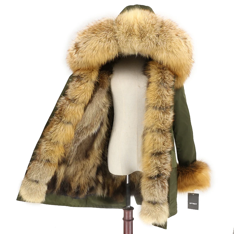 green gold OFTBUY, водонепроницаемое пальто с натуральным мехом, длинная парка, зимняя куртка для женщин, натуральный мех енота, воротник, капюшон, подкладка из лисьего меха, теплая уличная одежда - Цвет: green gold
