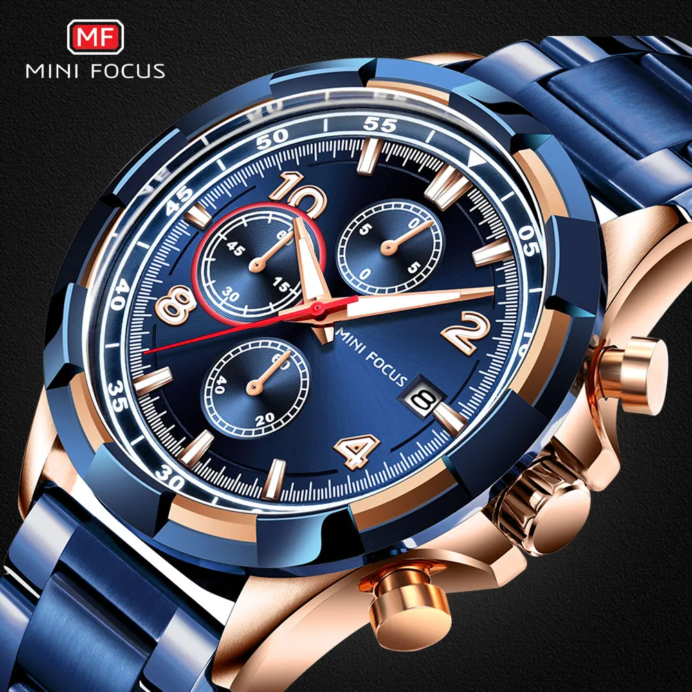 MINI FOCUS Steel Business Watches Men Luxury Blue Chronograph Quartz Watch Man Male Top Brand Sport Waterproof Wristwatch Clock