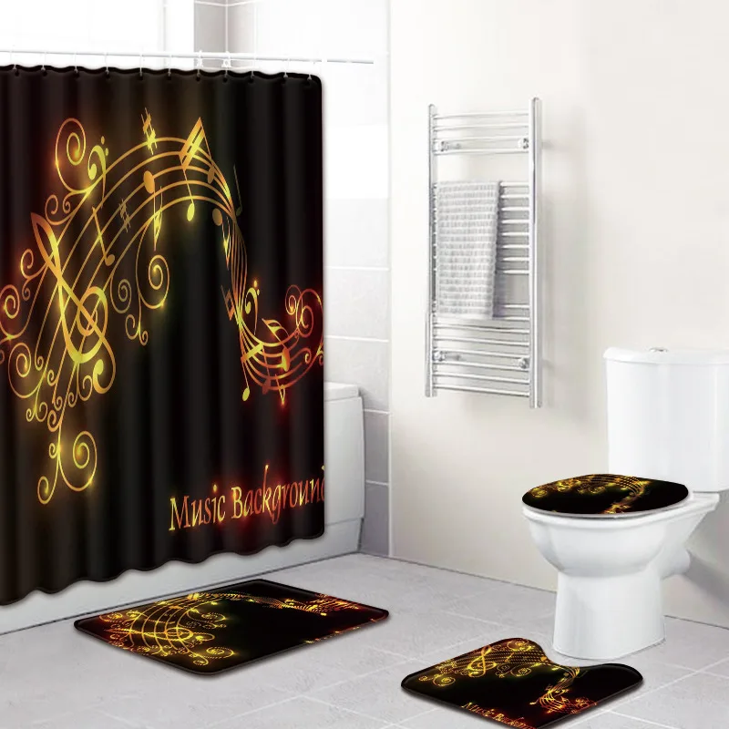 

Musical Note Series Shower Curtain Bathroom Carpet Set Four-piece Creative Absorbent Anti-slip Mat Set