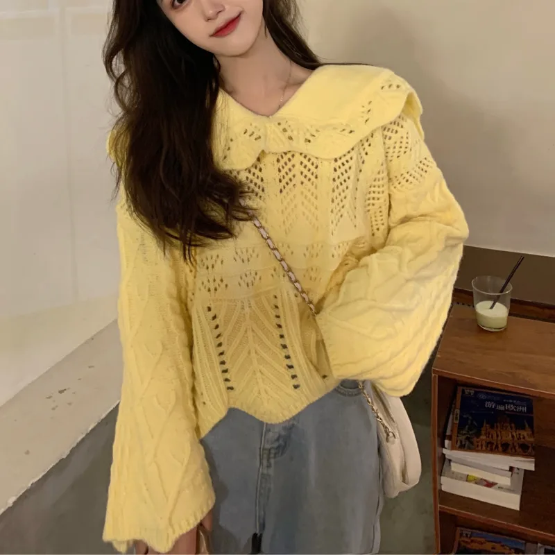 

Baby Collar Sweater Women's Spring and Autumn Thin Style Outer Wear 2021 New Design Sense Niche Loose Hollow Out Top