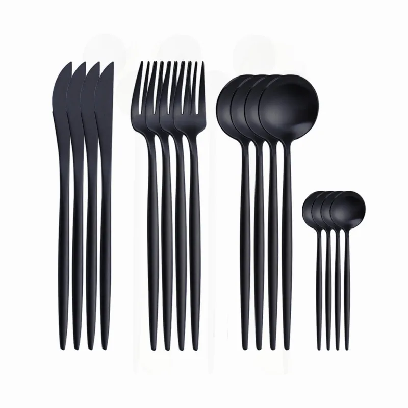 

Tableware Spoon Knife Stainless Steel Set Dinnerware Complete Cutlery Fork Set Cutlery Gold Set Friendly Black 16 Eco Pcs