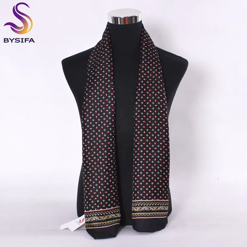 [BYSIFA] Черные, красные длинные шарфы для мужчин, модные аксессуары, мужской шарф из чистого шелка, зимний шарф с цветочным узором 160*26 см - Цвет: black dot 1