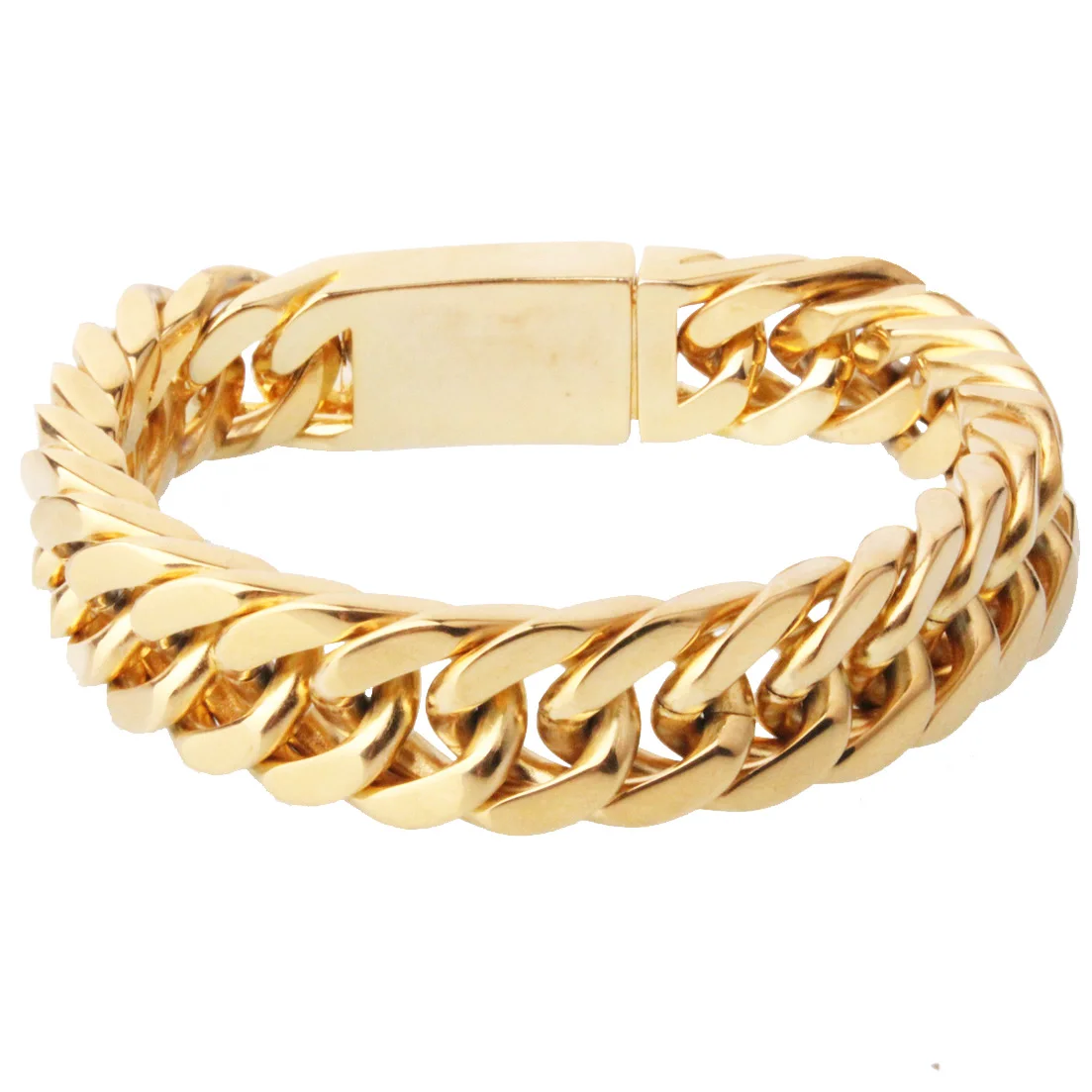 

15mm New Fashion Stainless Steel Gold Tone Cuban Miami Curb Link Chain Cool Mens Womens Bracelet Jewelry Christmas Gift 7-11inch