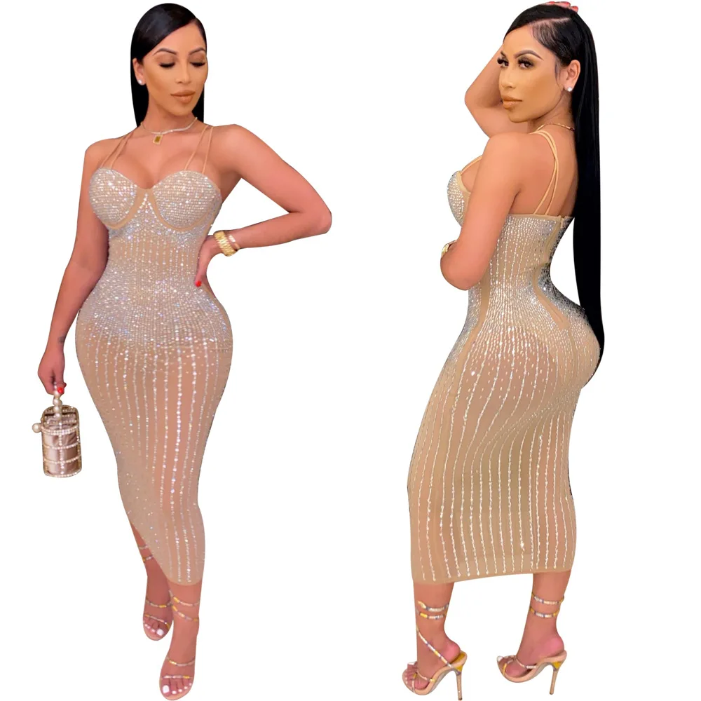 

Sexy Nightclub Style Women Skinny Dresses Spaghetti Strap Hot Drilling Backless Bodycon Mid-Calf Dress For Party Real Pictures